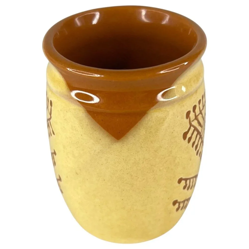Handcrafted Ceramic‎ Mini Crock Brown & Yellow Finish And Geometric Tree Pattern